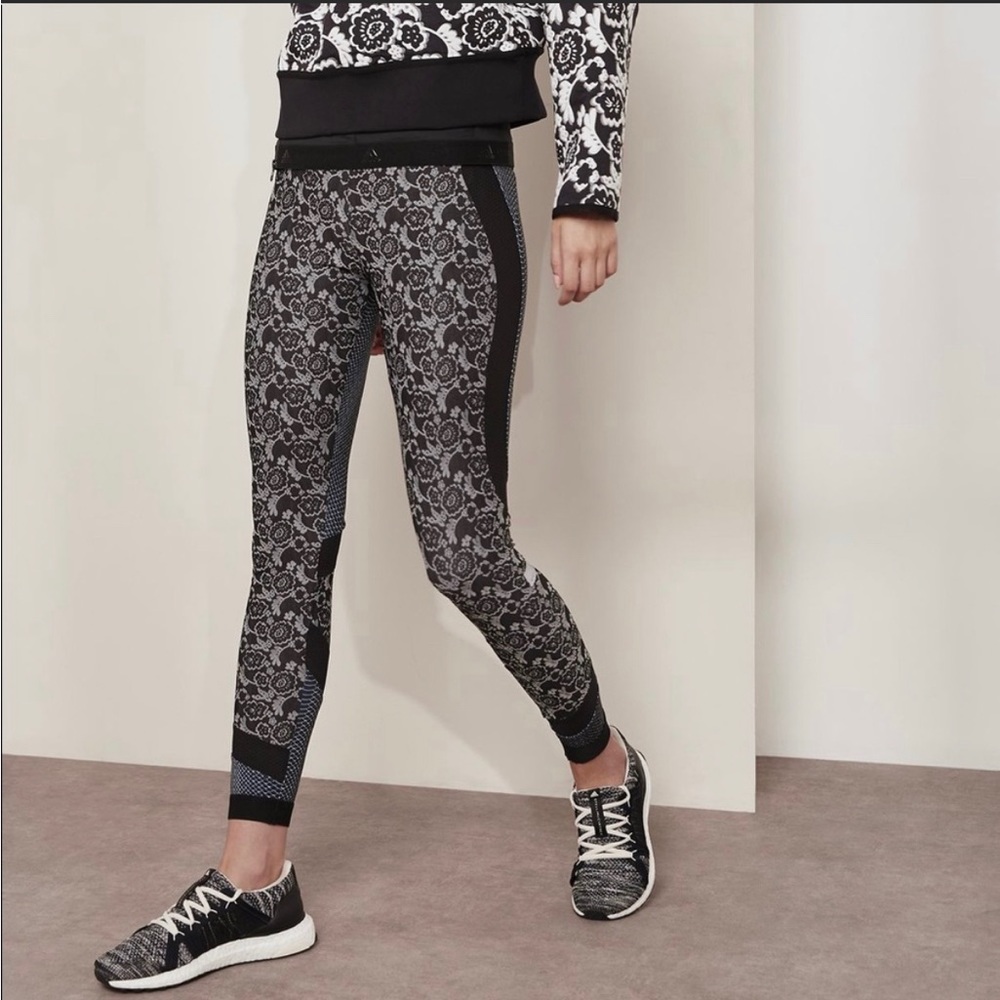Adidas Stella McCartney M Black Floral Jacquard Print Run Tight Legging Athletic